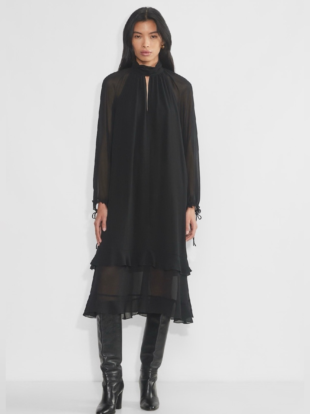 NWT Wilfred Audrey Black Sheer-Sleeve High-Neck Midi Dress Size S